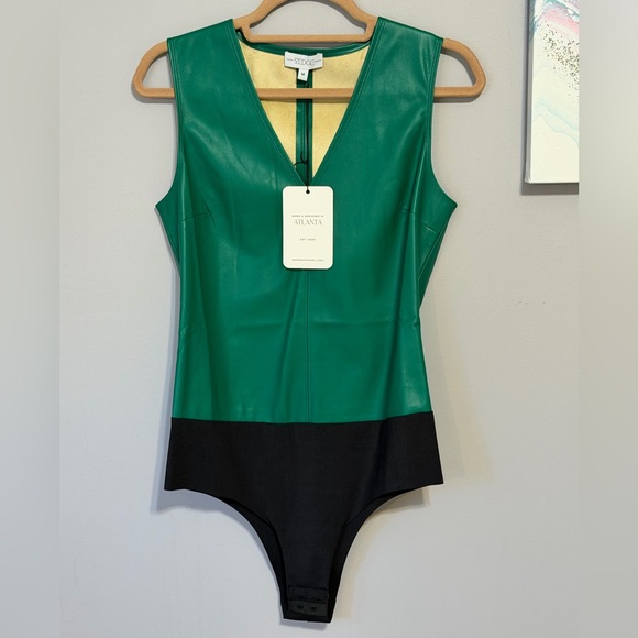S'Edge Tops - S’Edge Green and Black Vegan Leather Bodysuit size medium